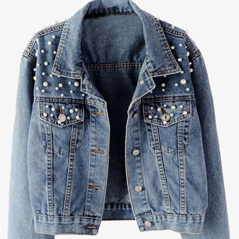 Denim Pearls Beaded Blue Jean Jacket